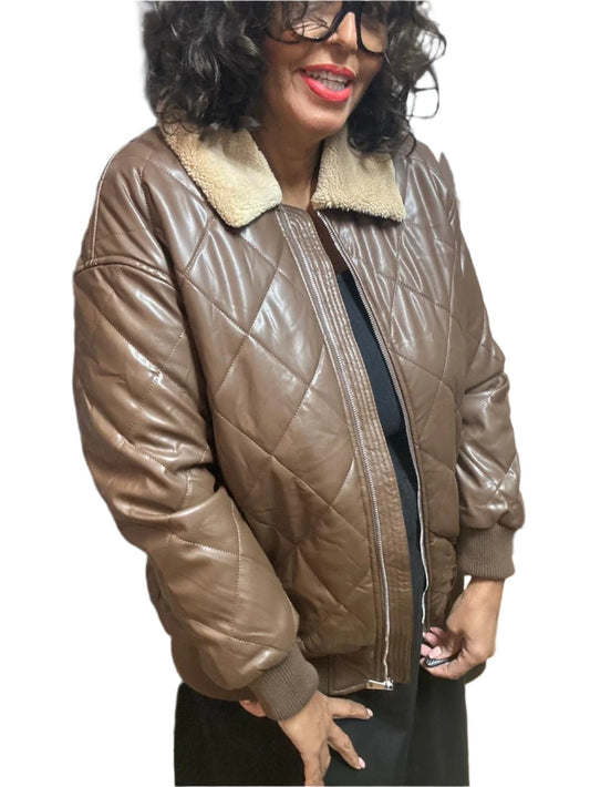 Brown leather puffed jacket