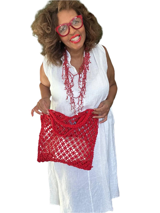 Red crochet bag